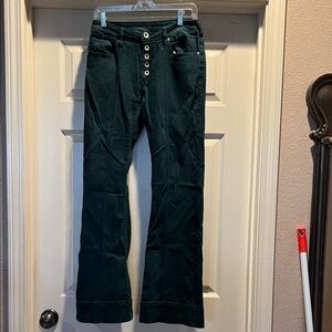 Cowgirl Tuff Dark Green Flare Pants turquoise trouser button fly sz 30 31.